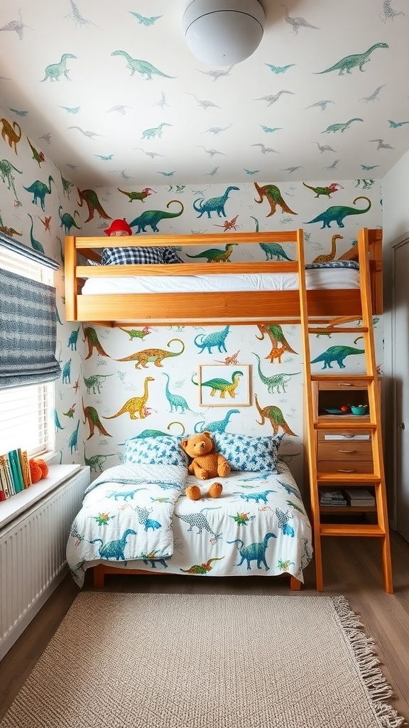 A dinosaur-themed loft playroom featuring colorful dinosaur wallpaper, a loft bed, and playful bedding.