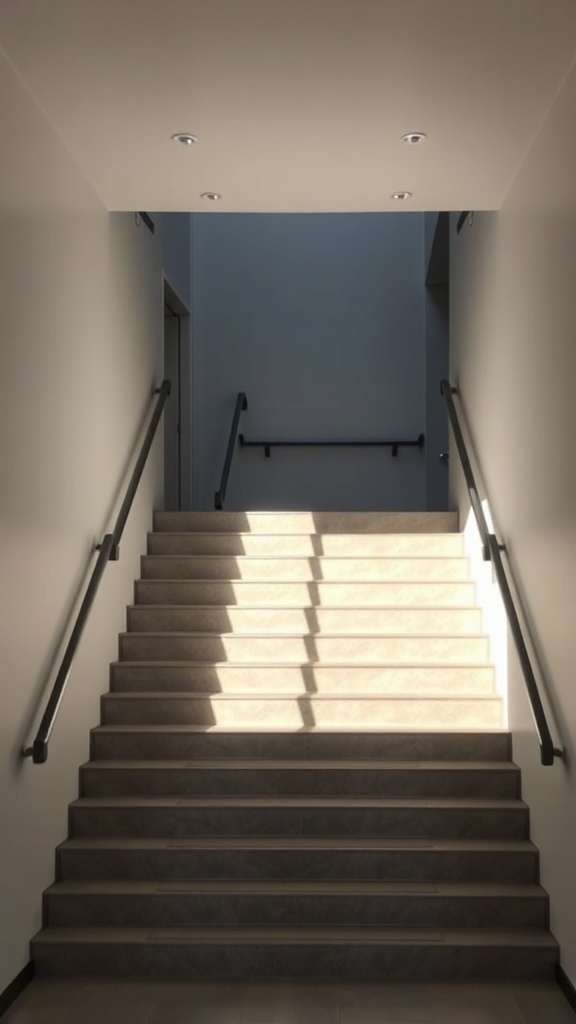 A well-lit staircase with directional lighting, showcasing the steps and railing.