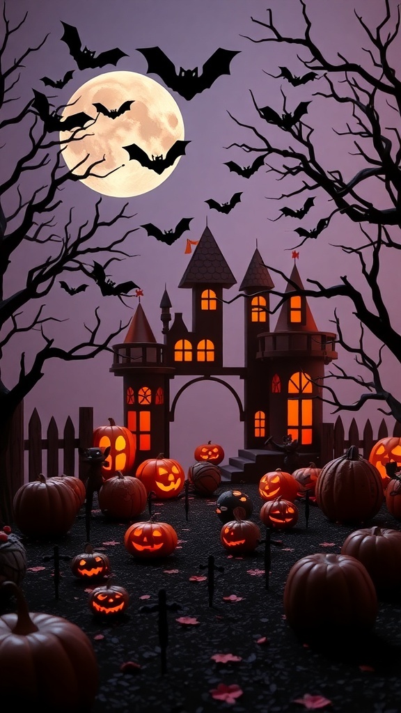 Disney-inspired Halloween decor featuring Mickey bats and glowing pumpkins