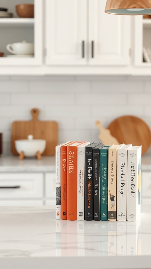 A stylish display of cookbooks on a kitchen counter, showcasing a neat arrangement with a mix of colors and designs.
