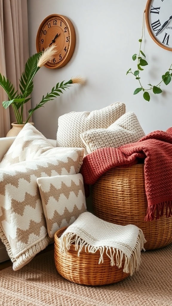 A cozy living space featuring woven baskets filled with soft blankets and textured pillows, creating a warm and inviting atmosphere.