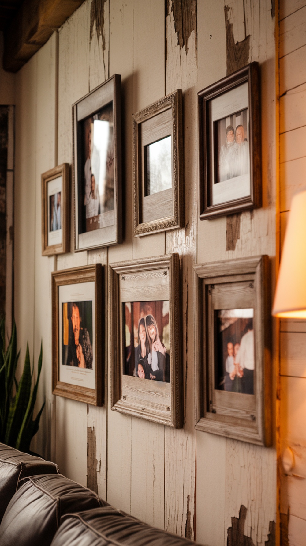 A wall displaying family photos in rustic frames above a beige couch with decorative pillows.