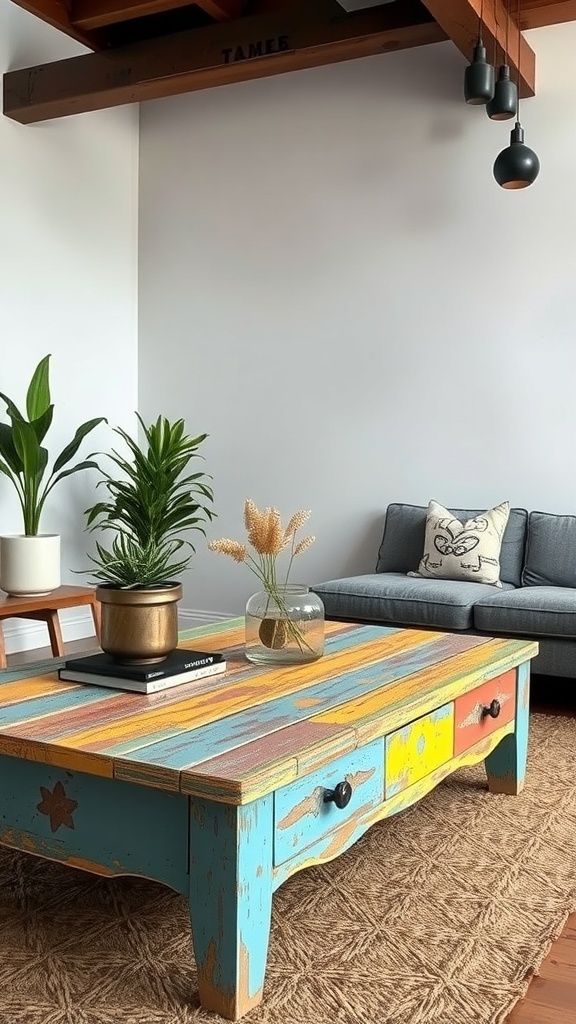 A colorful distressed painted coffee table with a rustic finish, surrounded by plants and a cozy sofa.