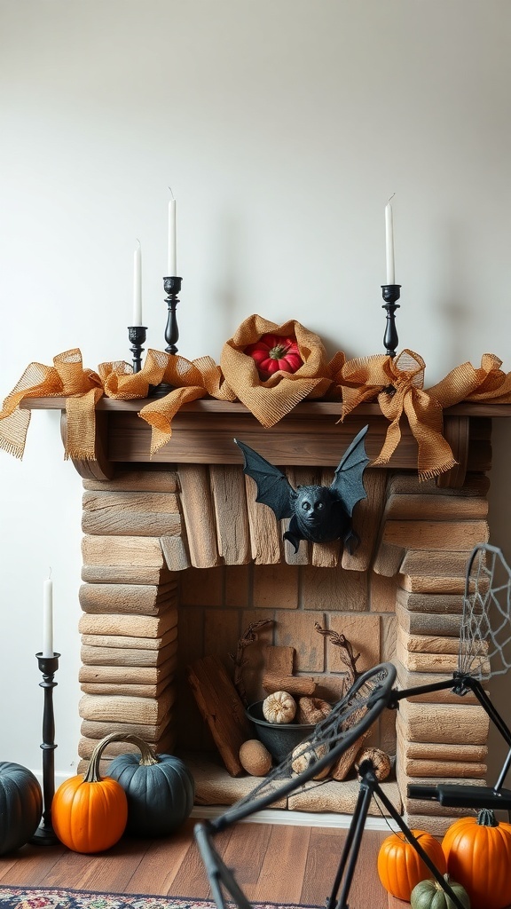 A rustic Halloween mantle with a distressed wood backdrop, black candlesticks, pumpkins, and burlap decorations.