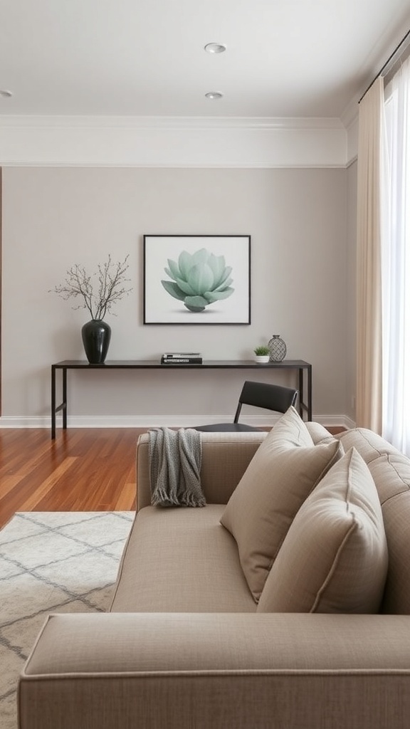 A modern living room with a console table behind a sofa, creating a division between the living and dining areas.