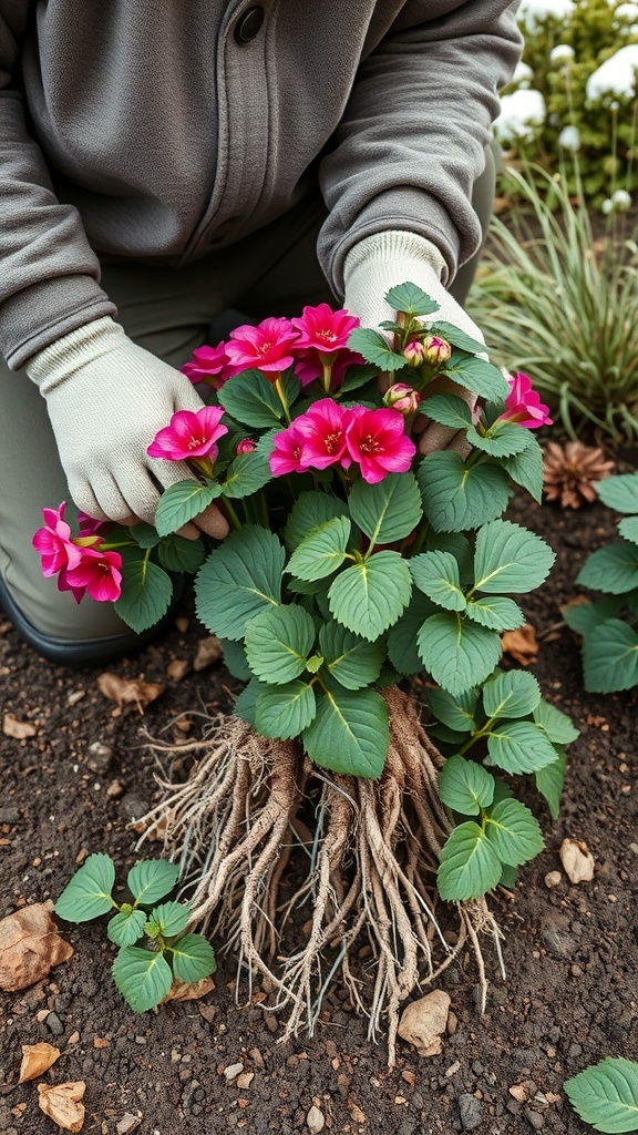 A person dividing hardy geraniums, showing healthy roots and vibrant pink flowers.