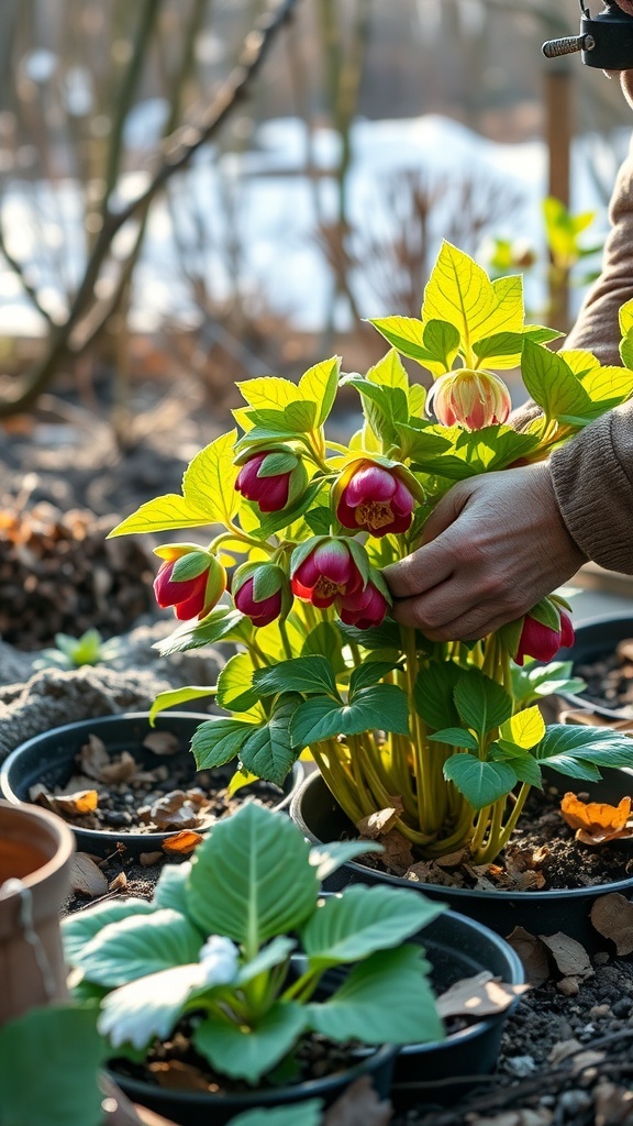 A gardener dividing Hellebores in a garden, preparing for spring planting.