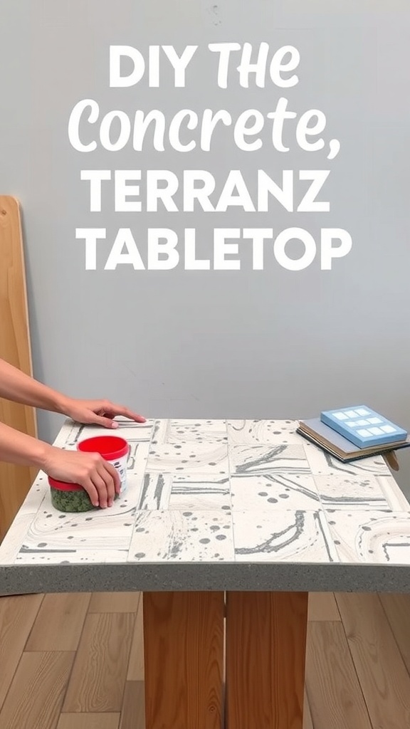 A person applying concrete mix to a terrazzo tabletop with colorful resin chips.