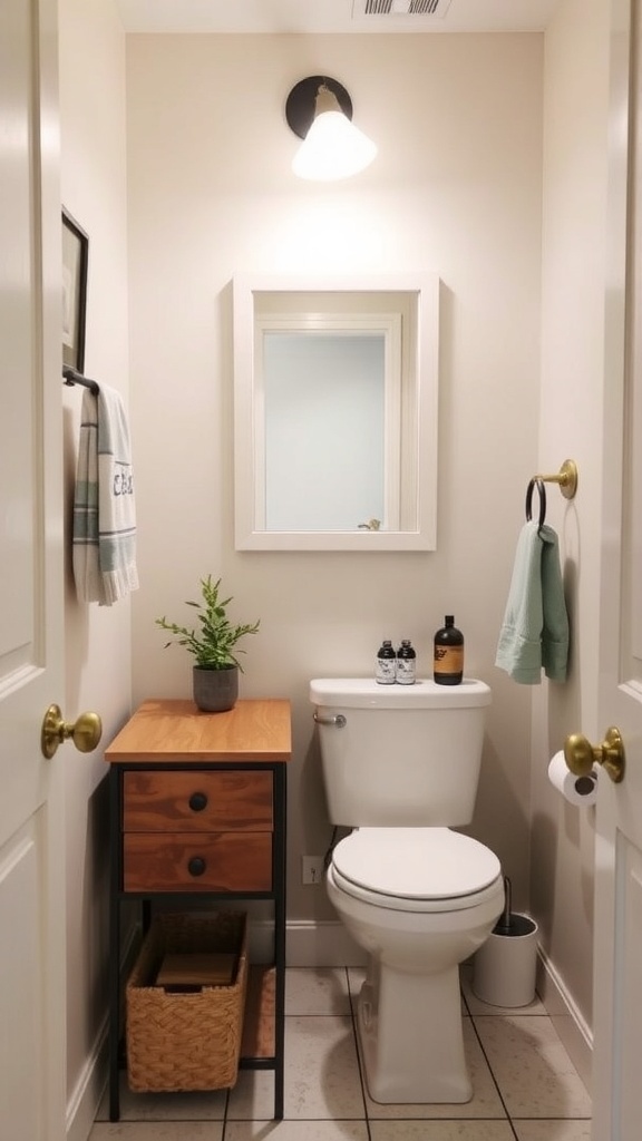 A small bathroom featuring a stylish DIY vanity with wooden top and black frame, a mirror, and decorative plants.