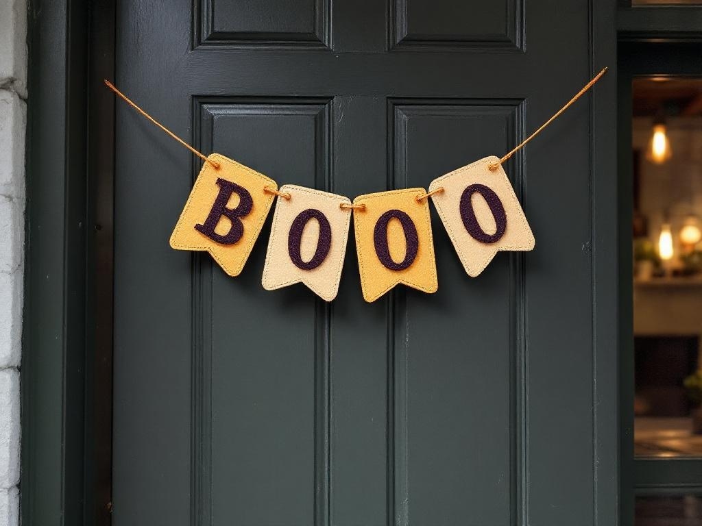 A DIY Boo Banner made of felt flags spelling 'BOOO' hanging on a dark green door.