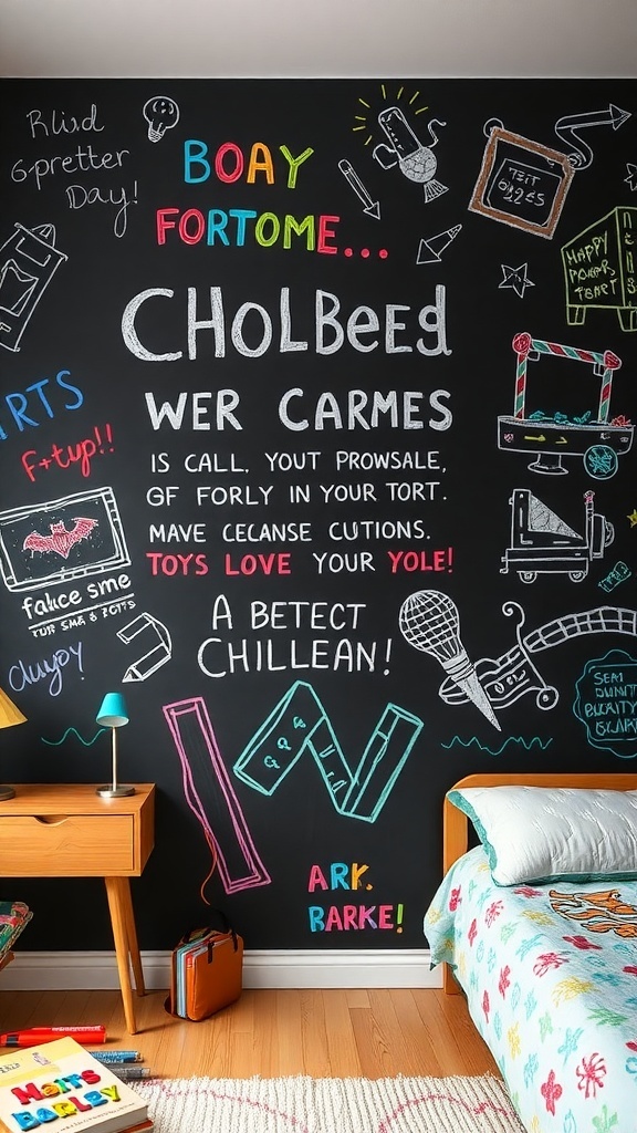 A colorful DIY chalkboard wall with drawings and messages in a boy's room.
