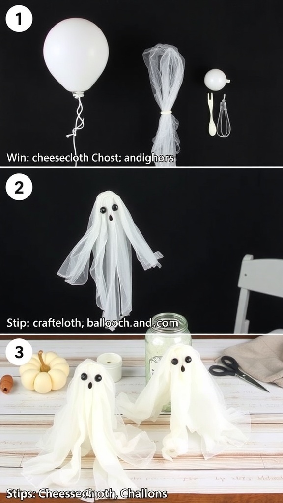 Step-by-step guide to making DIY cheesecloth ghosts with balloons and cheesecloth.