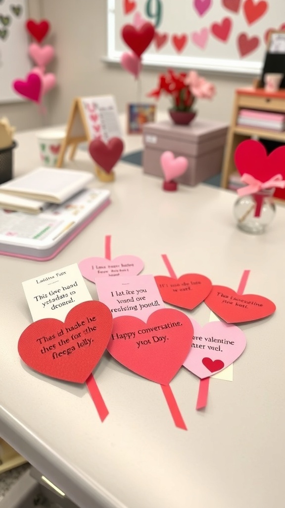Colorful DIY conversation heart bookmarks on a classroom table, featuring various heart shapes with sweet messages.