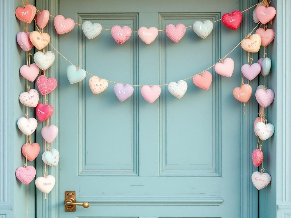 Colorful DIY Conversation Heart Garland hanging on a blue door