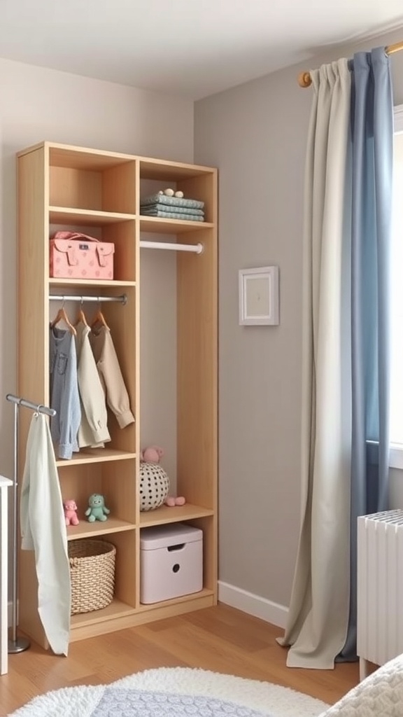 A DIY corner wardrobe with open shelving and a hanging area, designed for kids' storage.