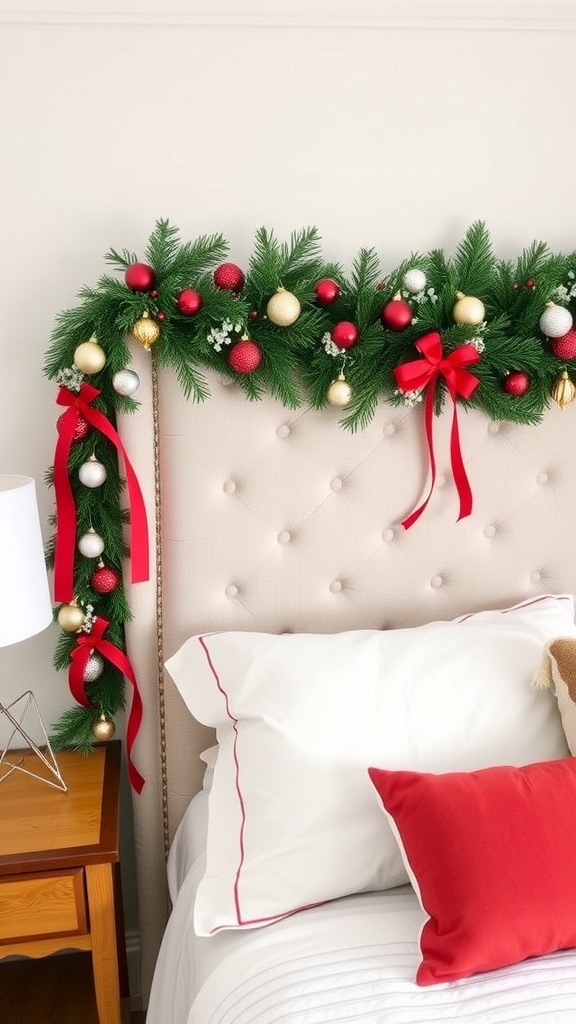 A festive DIY garland headboard with greenery, red and gold ornaments, and ribbons, placed above a bed with white linens and a red pillow.