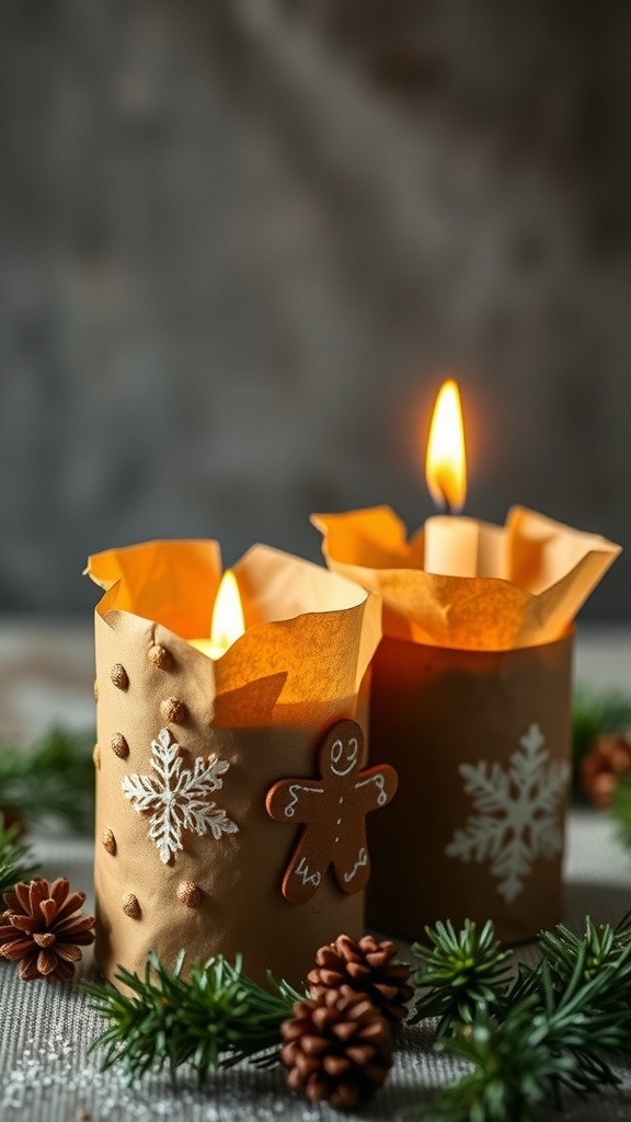 Two DIY gingerbread candle holders with a warm glow, decorated with snowflakes and gingerbread figures, surrounded by pinecones and greenery.