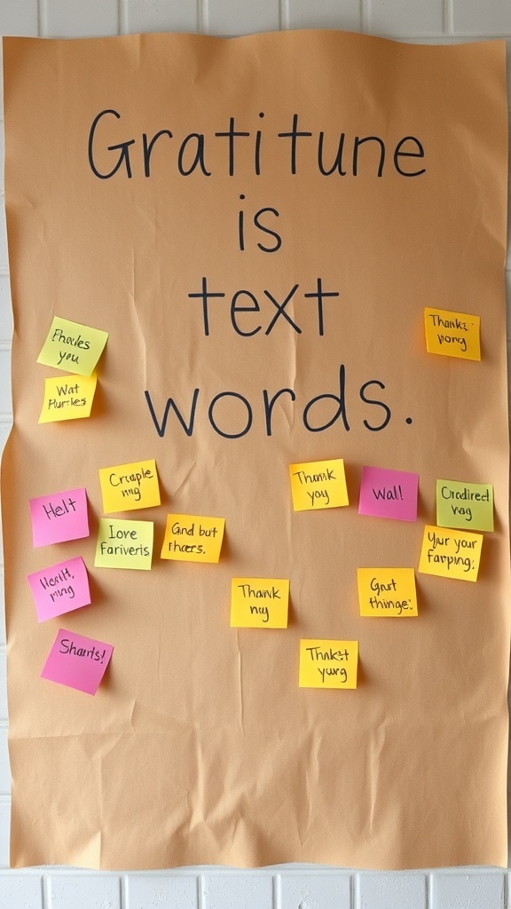 A DIY Gratitude Wall with colorful sticky notes expressing thanks.