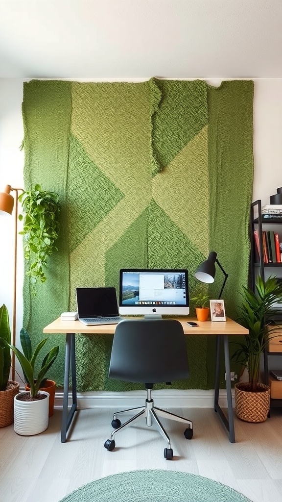 A home office featuring a DIY green accent wall with textured green fabric, a wooden desk, and plants.