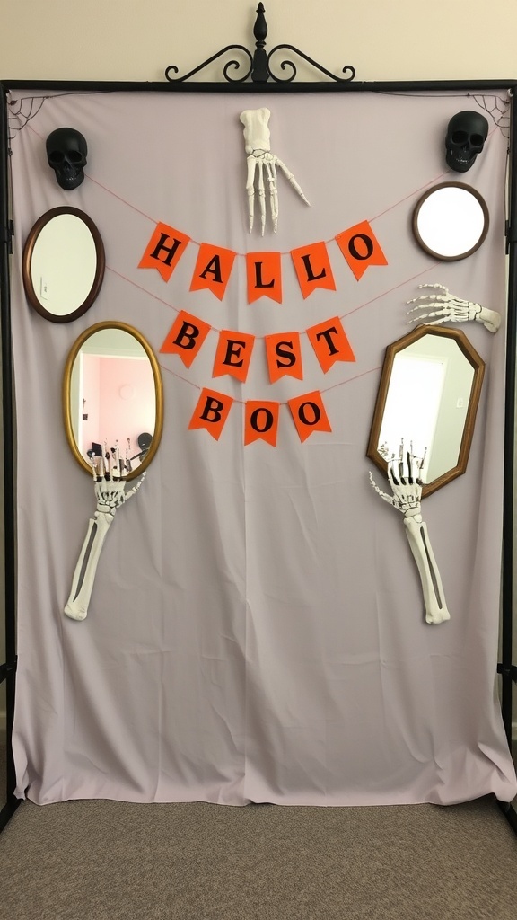 DIY Halloween backdrop with skeleton arms, mirrors, and a 'BOO' banner