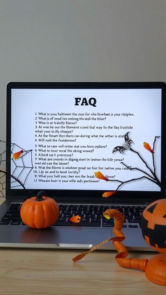 Laptop displaying FAQ about DIY Halloween decorations with pumpkins and decorations around it.