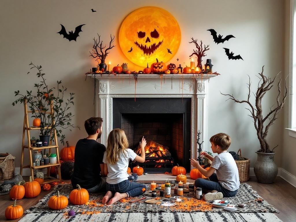 A family decorating a spooky Halloween fireplace mantel with pumpkins and crafts.