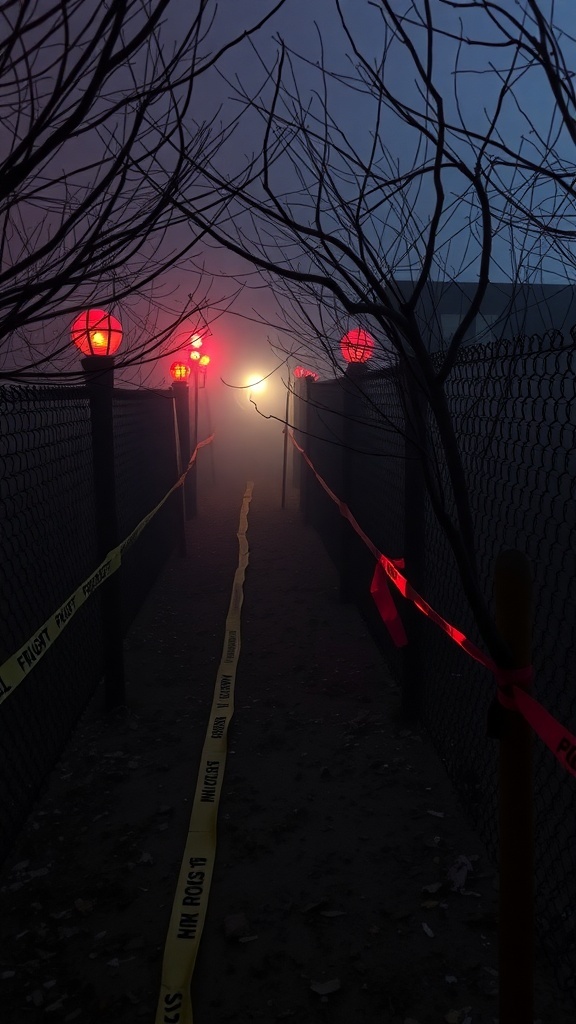 A spooky pathway marked with caution tape and illuminated by red lights, creating a haunted maze atmosphere.
