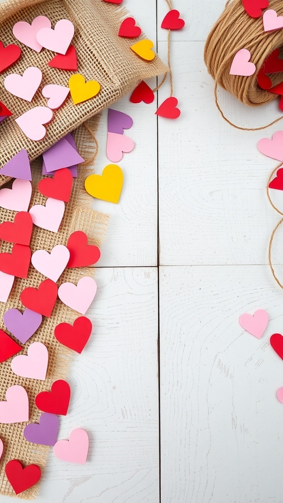 Colorful paper hearts on burlap fabric with twine for DIY garlands.