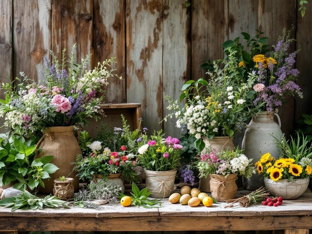 A rustic display of various flowers and herbs in pots and vases on a wooden table.