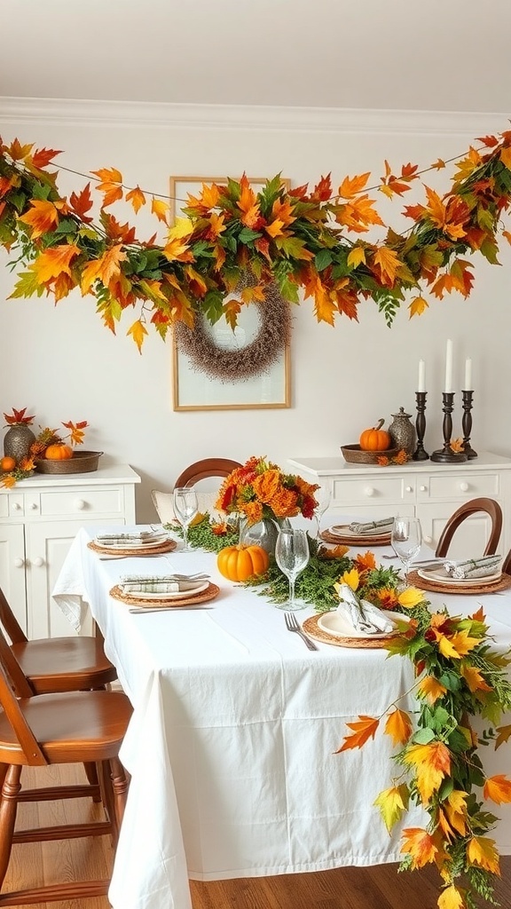 A beautifully decorated Thanksgiving table featuring a leaf garland, pumpkins, and floral arrangements.