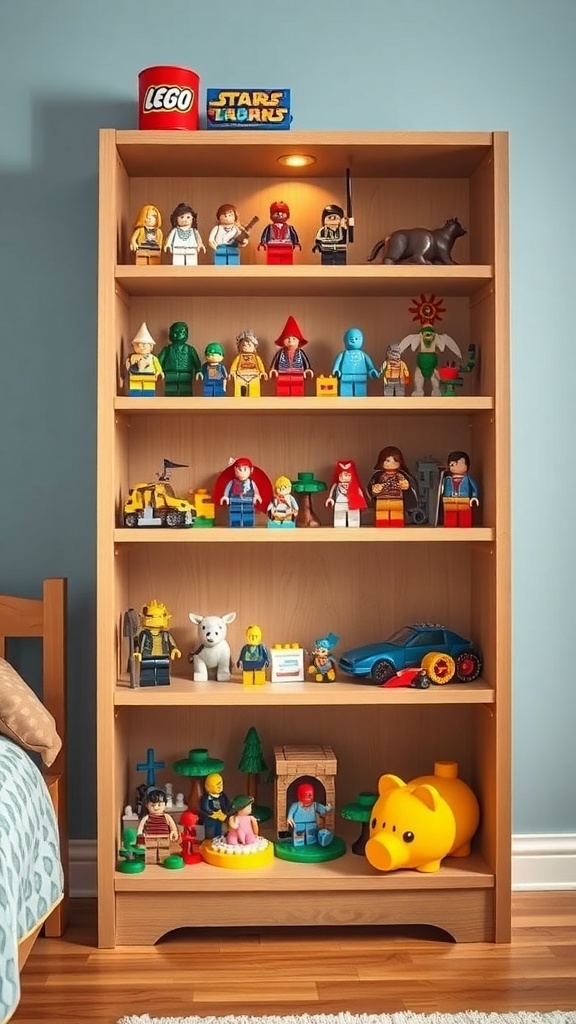 A wooden shelf displaying various LEGO figures and sets, organized by theme and color.