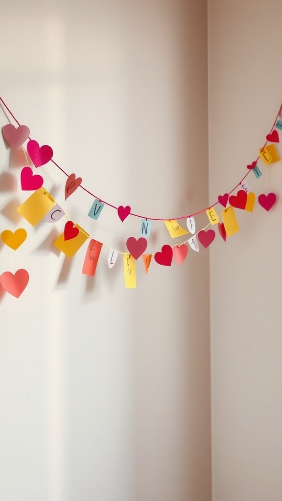 A colorful DIY love notes garland with hearts and notes hanging on a wall.