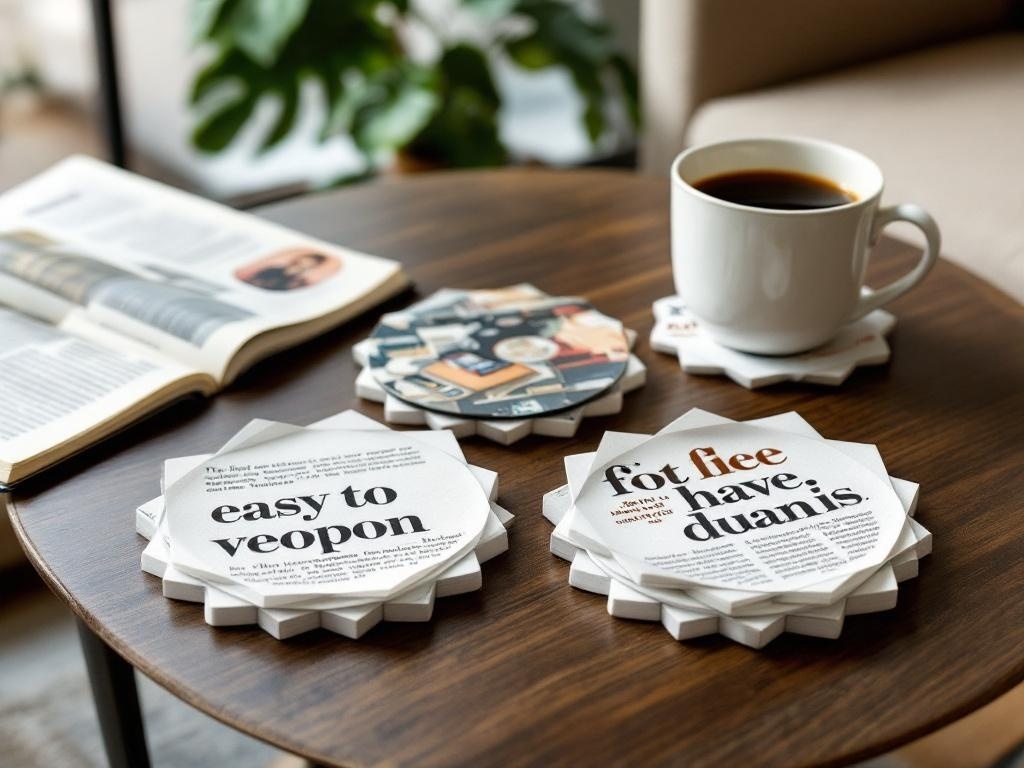 A cozy table setting with DIY magazine coasters, a cup of coffee, and an open book.