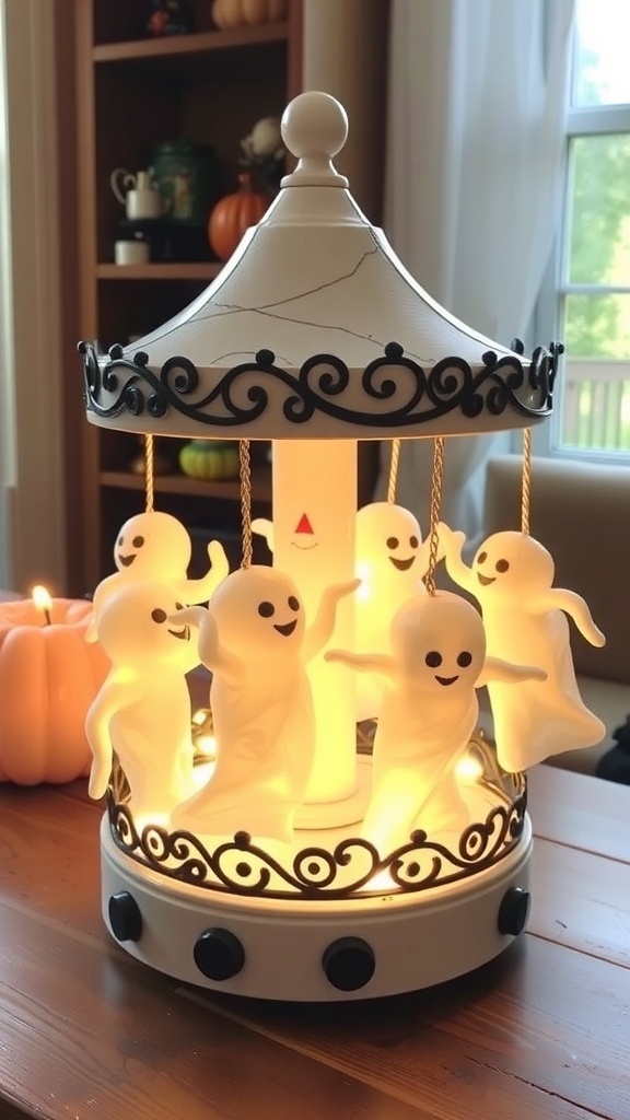 A DIY Mason Jar Carousel featuring glowing ghost figures in a rotating display.