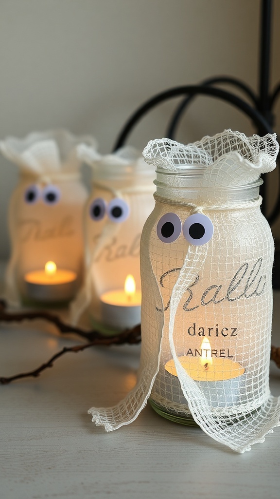 Mason jar ghost candle holders wrapped in gauze with googly eyes and tea lights inside.