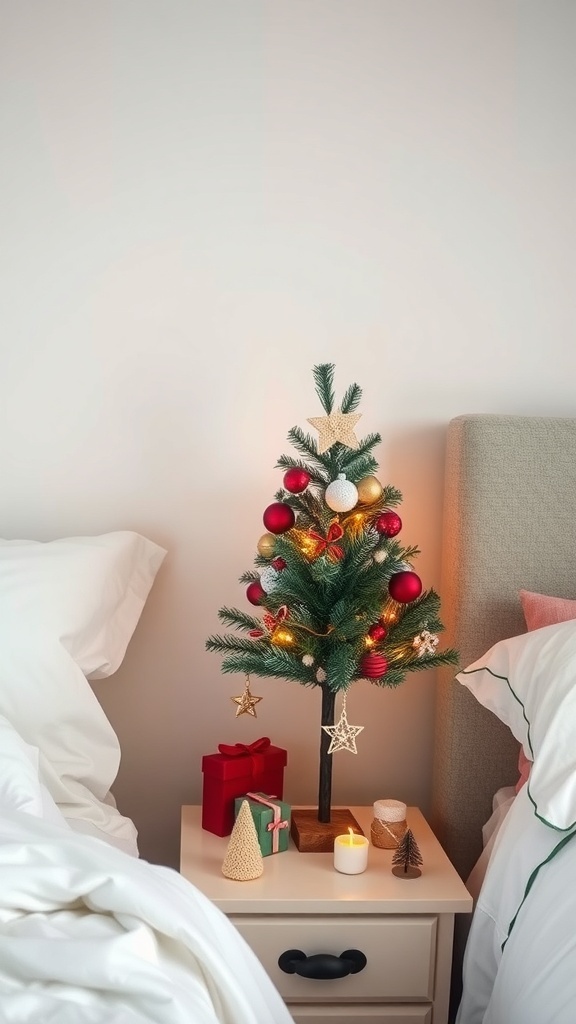 A cozy nightstand with a mini Christmas tree, candles, and gift boxes.