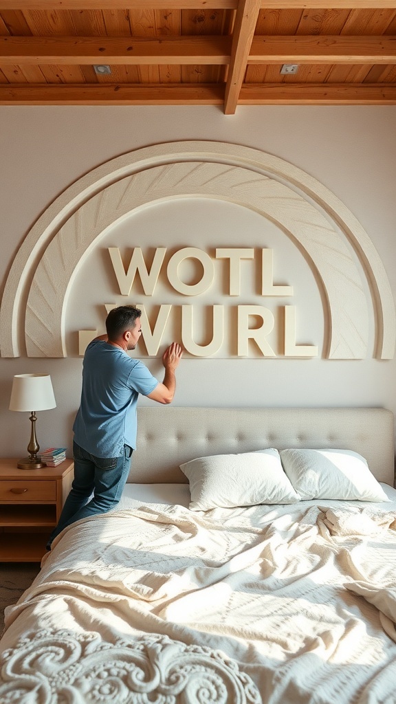A person working on a 3D headboard wall design in a bedroom