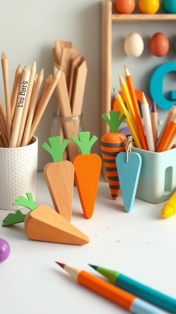 Colorful wooden carrots painted in various shades with craft supplies in the background.