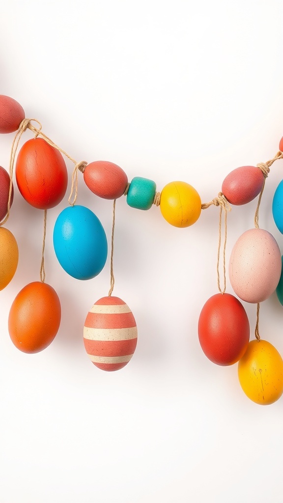 Colorful DIY painted egg garland with various shades and patterns.