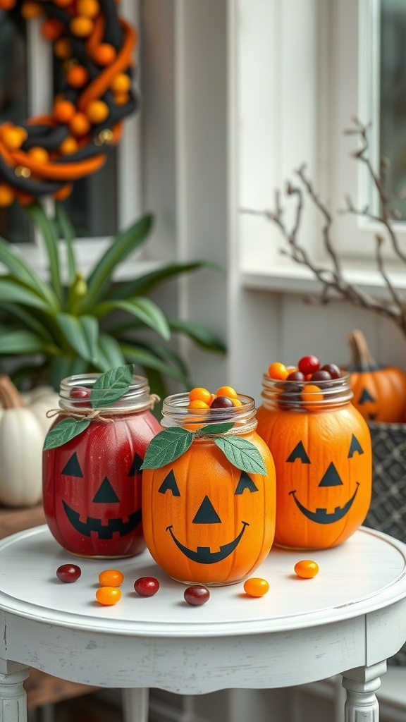 Three painted pumpkin jars with smiling faces on a white table, surrounded by colorful candies.