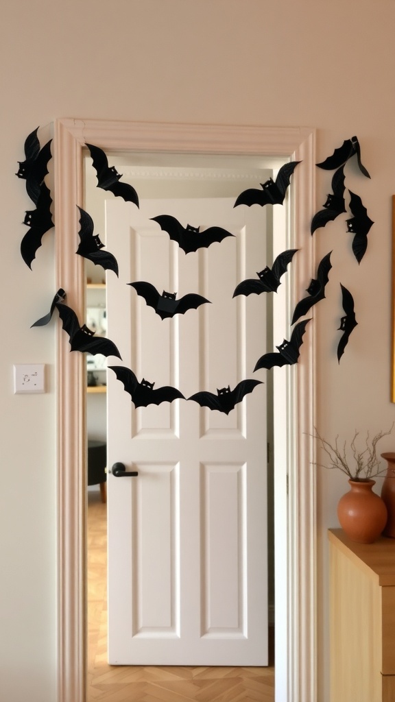 A doorway decorated with a DIY paper bat garland, featuring black paper bats hanging playfully around the door.