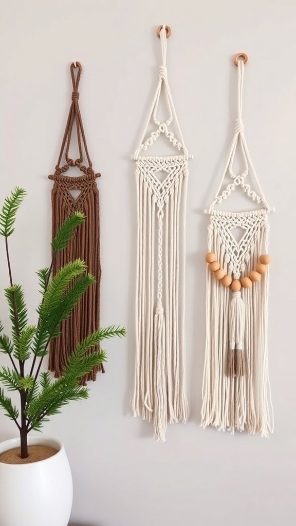 Three macrame wall hangings in neutral colors, showcasing intricate designs and textures.