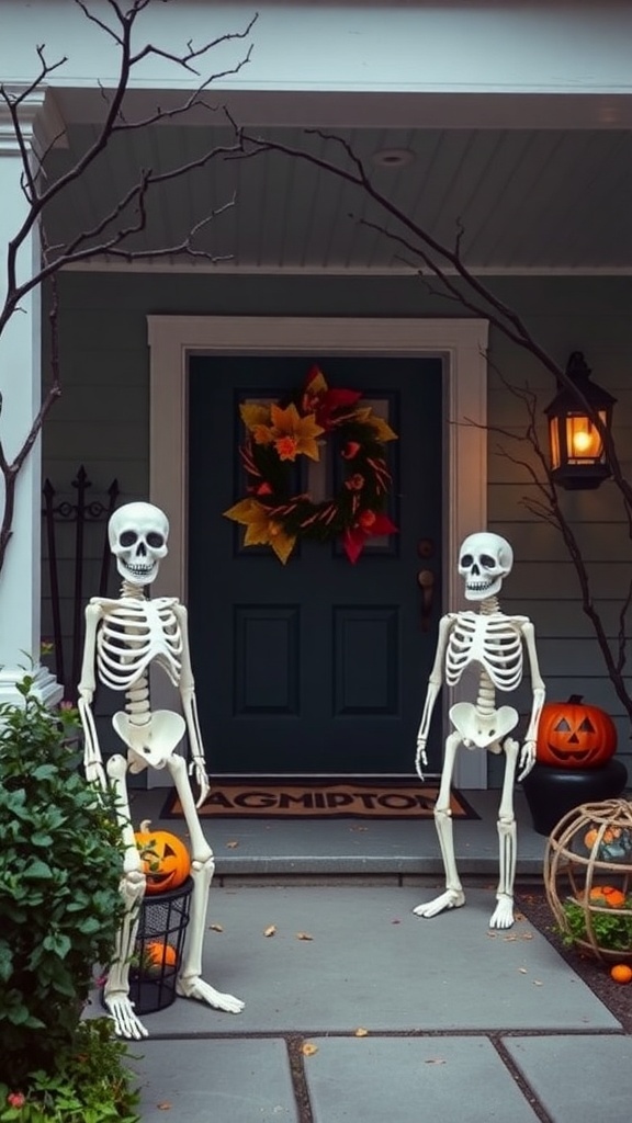 Two skeleton decorations on a porch with pumpkins and a wreath