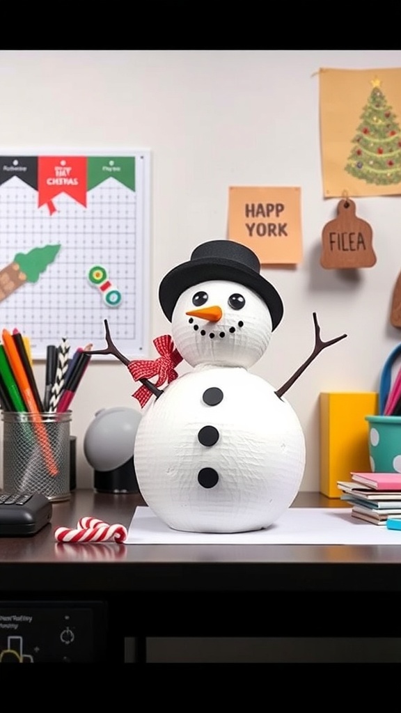 A cheerful DIY snowman made from paper, featuring a black hat, a red ribbon, and buttons, sitting on a desk surrounded by colorful office supplies.