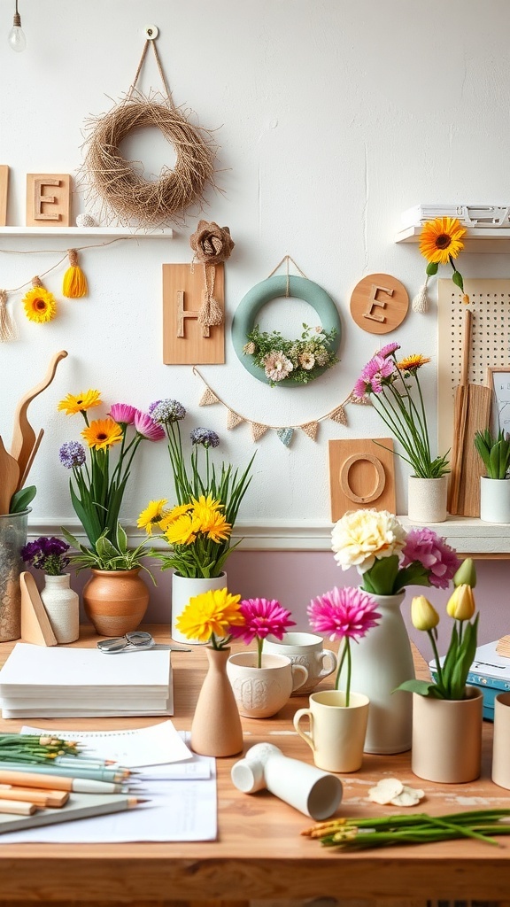 A bright and cheerful workspace filled with colorful flowers, vases, and crafting materials.