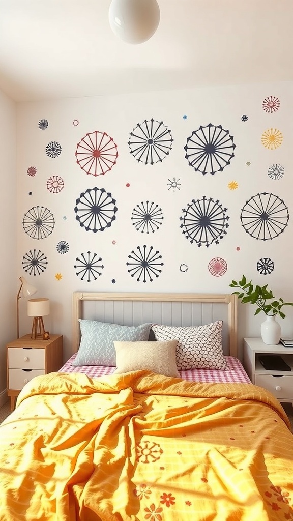 Colorful stenciled patterns on a bedroom wall with a cozy bed and yellow blanket