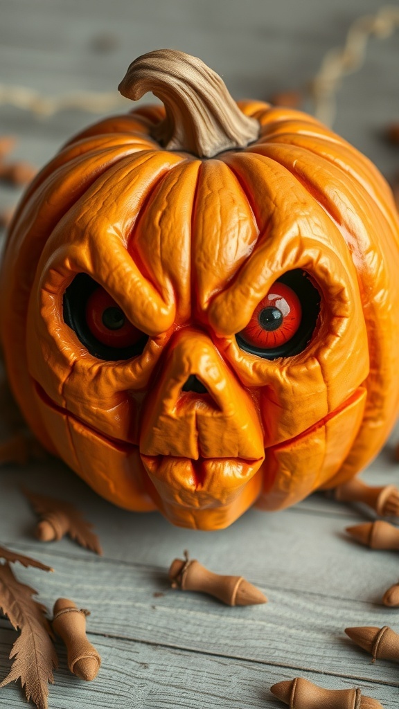 A textured pumpkin head with a fierce expression, featuring glowing eyes and a vibrant orange color.