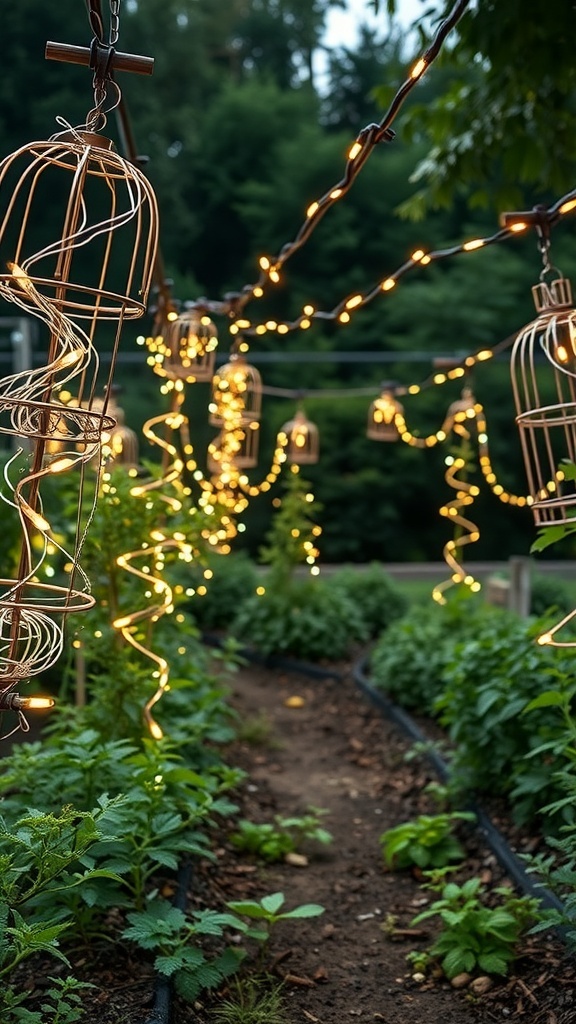 DIY tomato cage Christmas trees decorated with lights and ornaments in a garden setting.