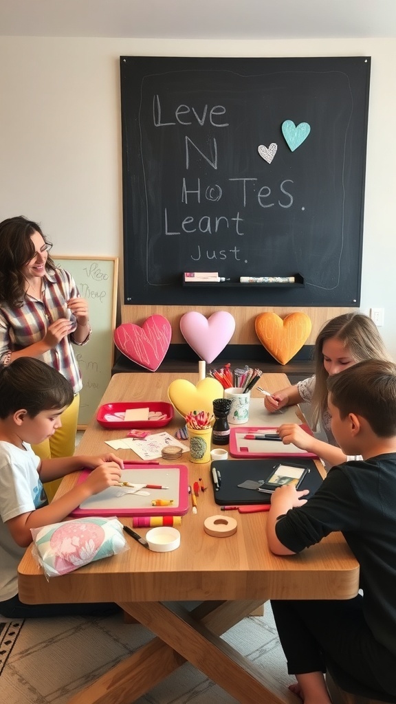 A group of children and an adult engaged in crafting Valentine's Day decorations at a wooden table, with colorful supplies and a chalkboard in the background.