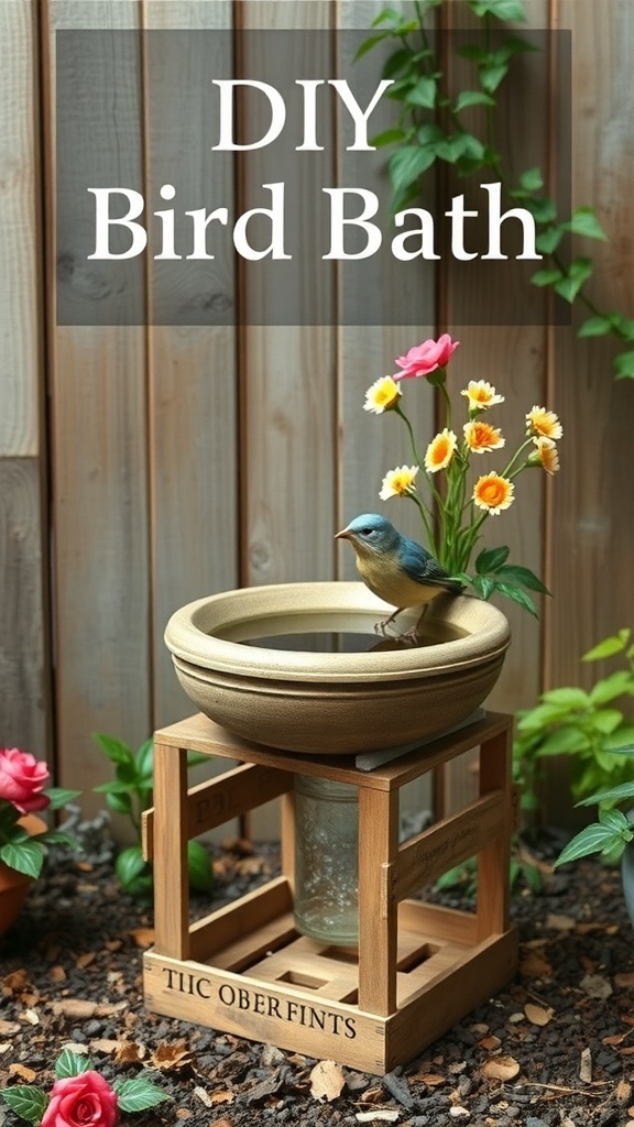 A DIY wooden crate bird bath with a shallow bowl and flowers around it.